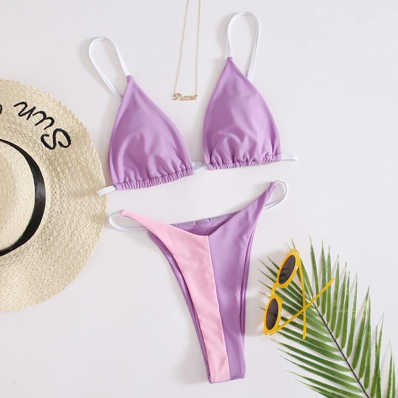 

Two Tone Triangle High Cut Bikini Swimsuit, Mauve purple