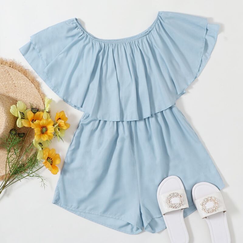 

Blue Ruffle Trim Romper, Baby blue