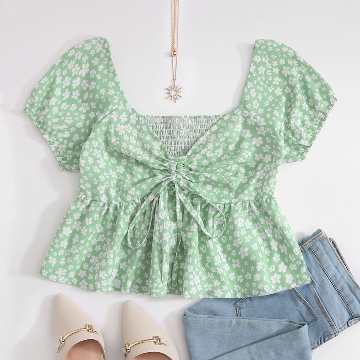 

Ditsy Floral Drawstring Peplum Top, Mint green