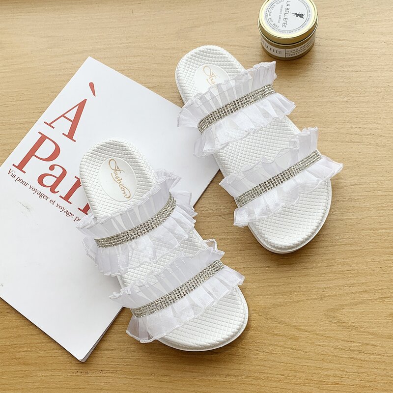 

Rhinestone Ruffle Sliders, White