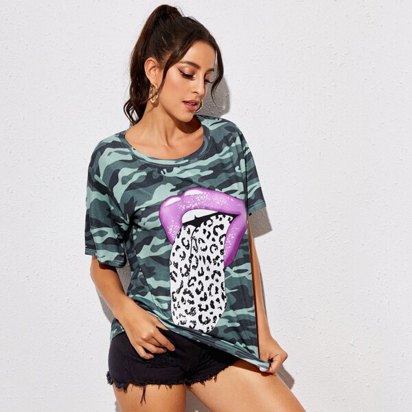 

Lip & Camo Print Tee, Multicolor