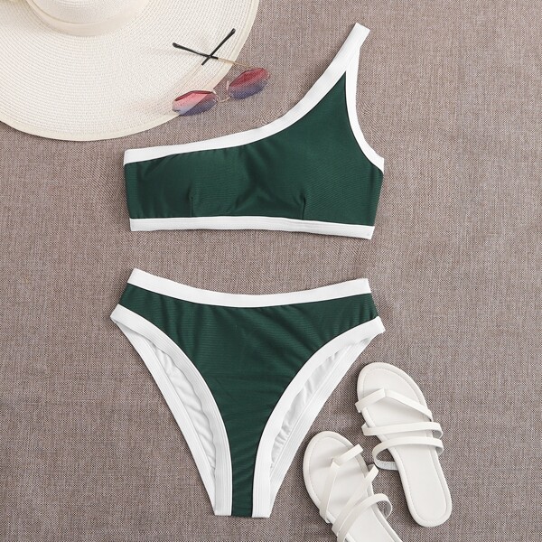

Contrast Binding One Shoulder Bikini Swimsuit, Dark green
