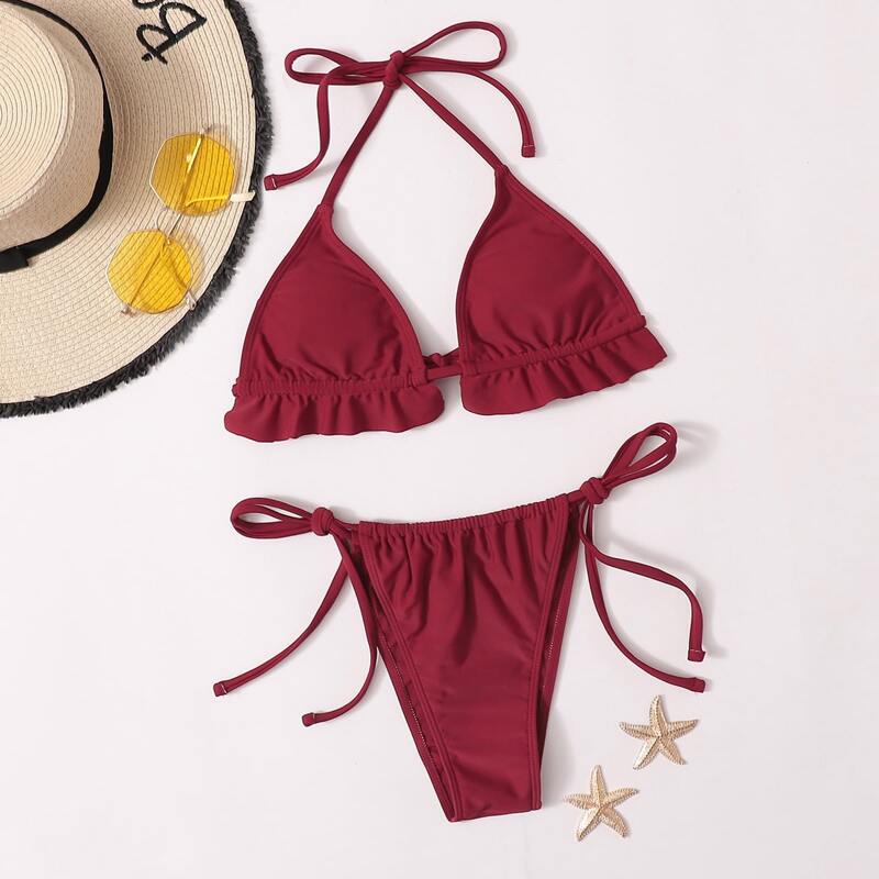 

Triangle Tie Side Bikini Swimsuit, Rose red