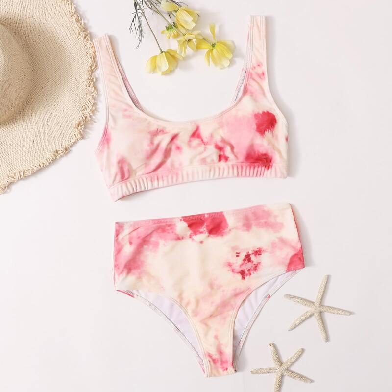 

Tie Dye High Waisted Bikini Swimsuit, Baby pink