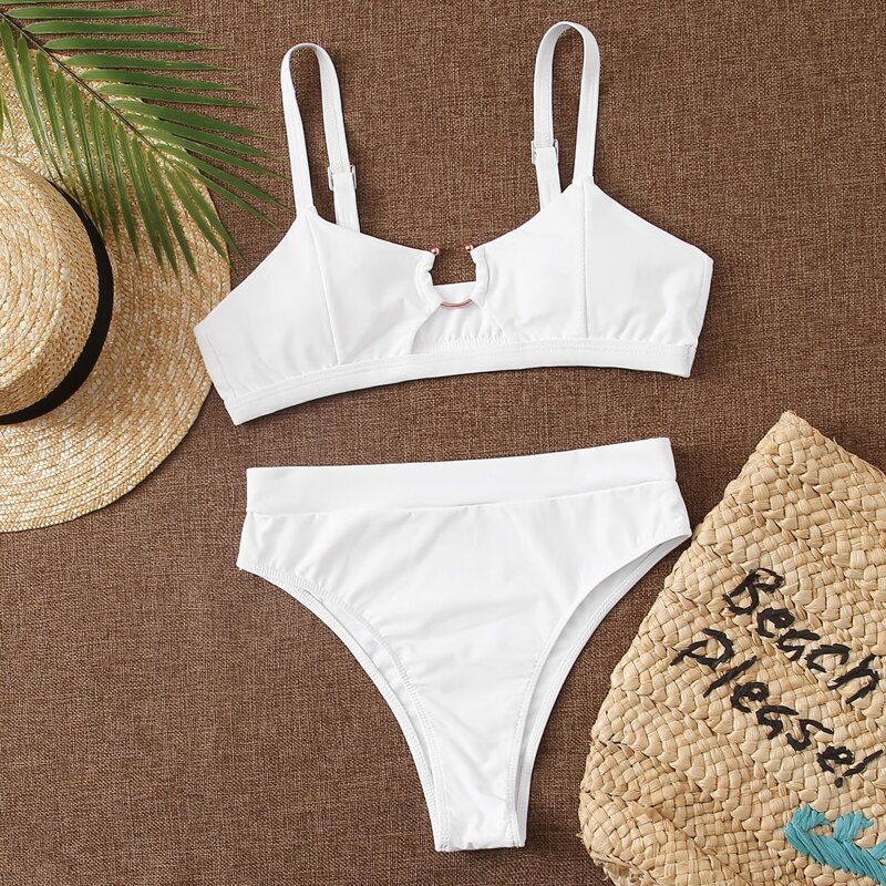 

Ring Linked High Waisted Bikini Swimsuit, White