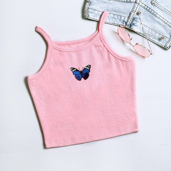 

Butterfly Print Crop Cami Top, Pink