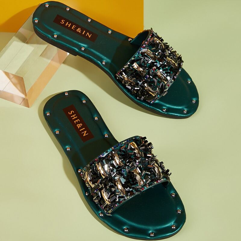 

Open Toe Gemstone Decor Sliders, Green