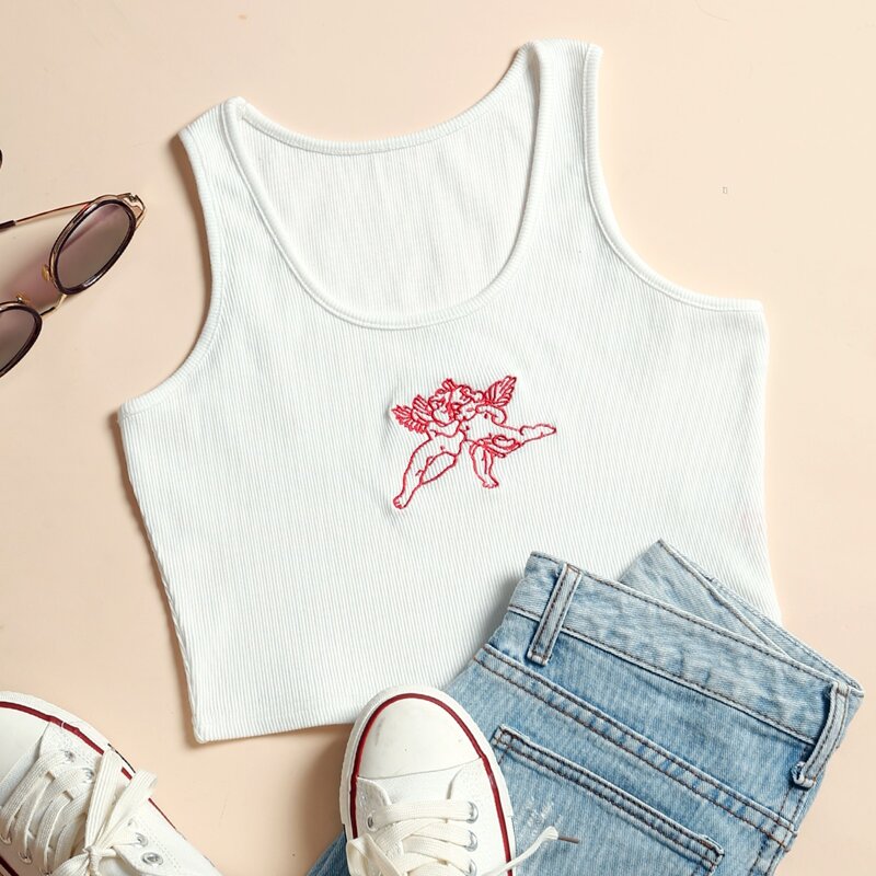 

Angel Embroidery Rib-knit Tank Top, White