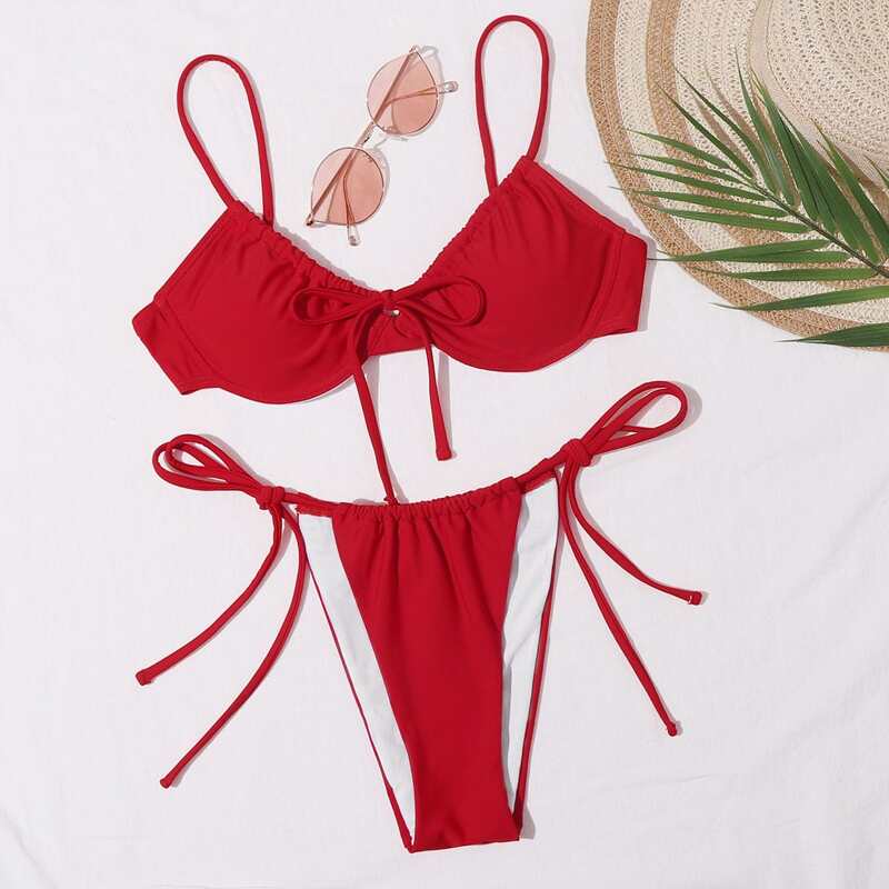 

Tie Front Underwire Tie Side Bikini Swimsuit, Red