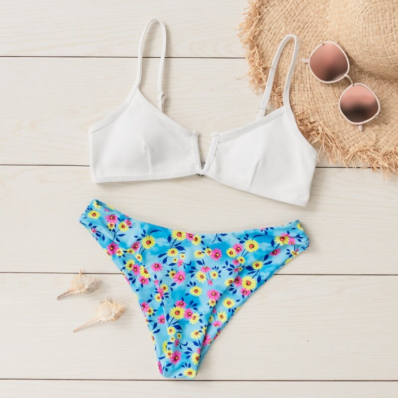 

Floral Rib V Wired Bikini Swimsuit, Multicolor