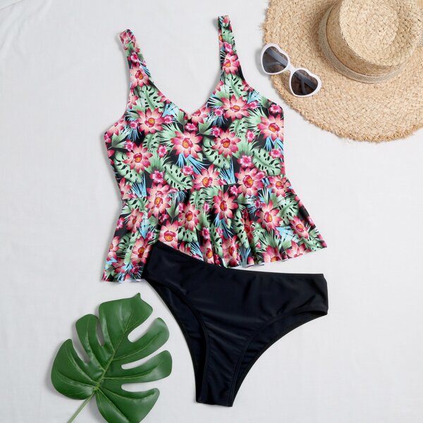 

Floral Ruffle Hem Bikini Swimsuit, Multicolor