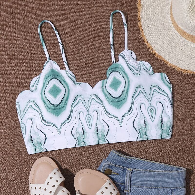 

Marble Print Scallop Trim Bikini Top, Multicolor