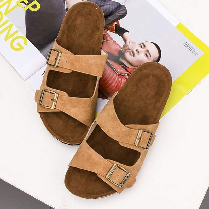

Guys Buckle Decor Wide Fit Sliders, Brown