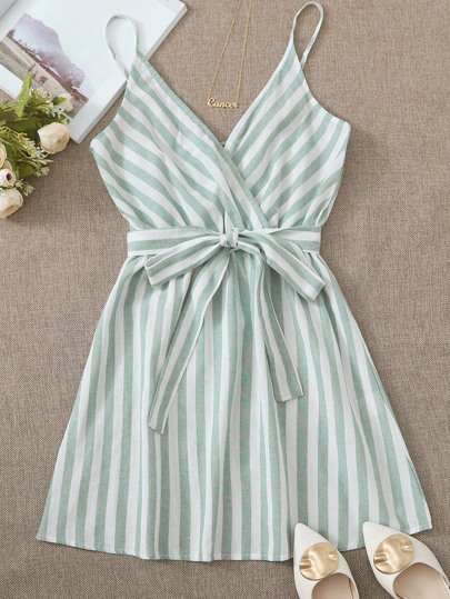 Surplice Neck Self Belted Striped Cami Dress