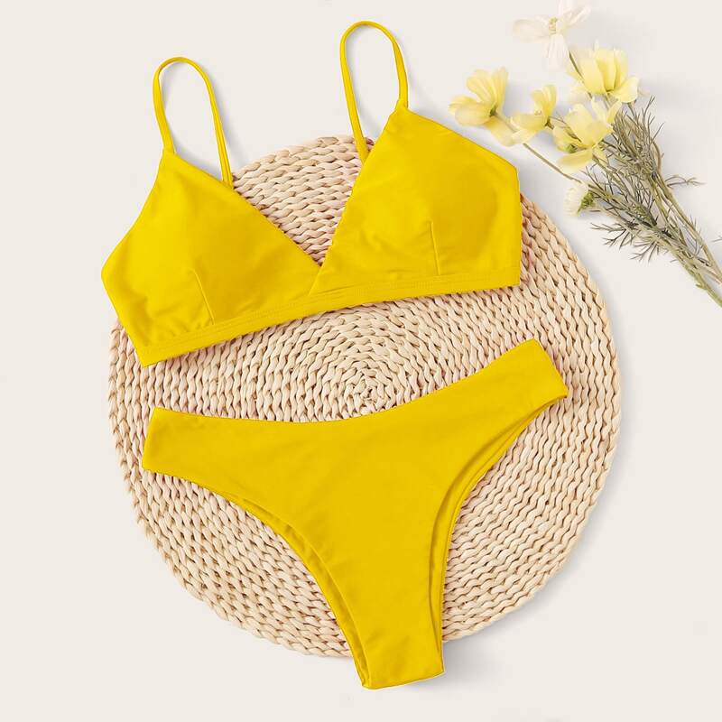 

Solid Adjustable Strap Bikini Swimsuit, Yellow