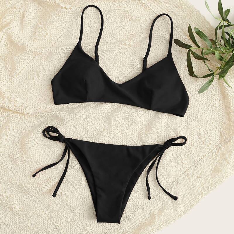 

Adjustable Strap Tie Side Bikini Swimsuit, Black