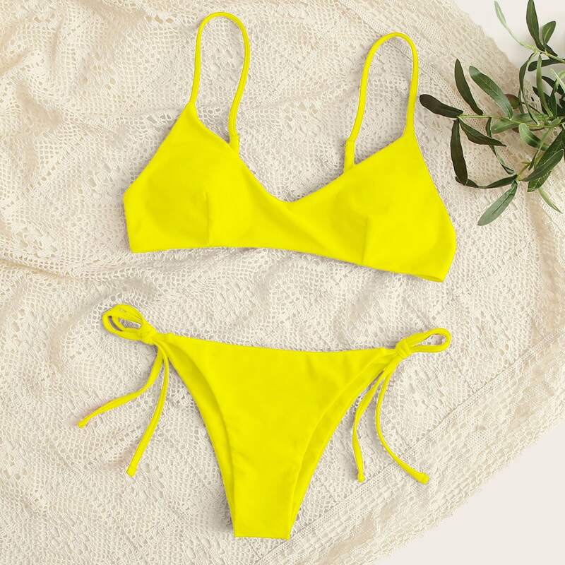 

Adjustable Strap Tie Side Bikini Swimsuit, Yellow