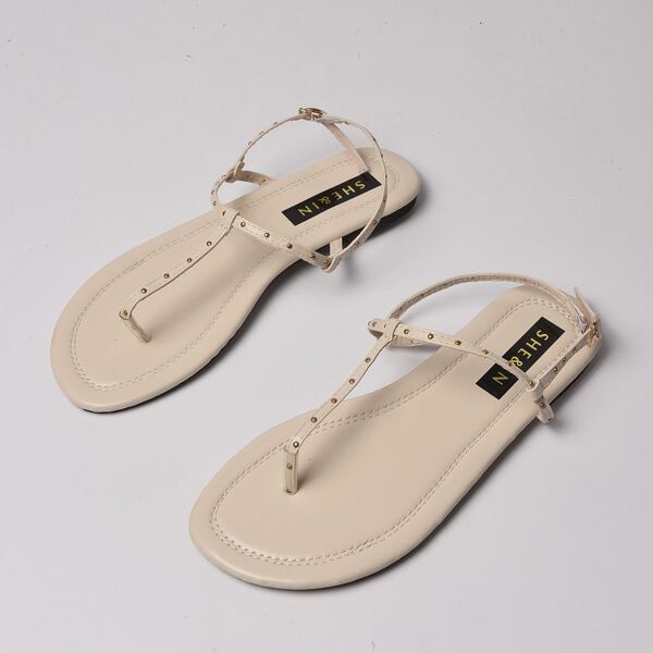 

Bead Studded Thong Sandals, Beige
