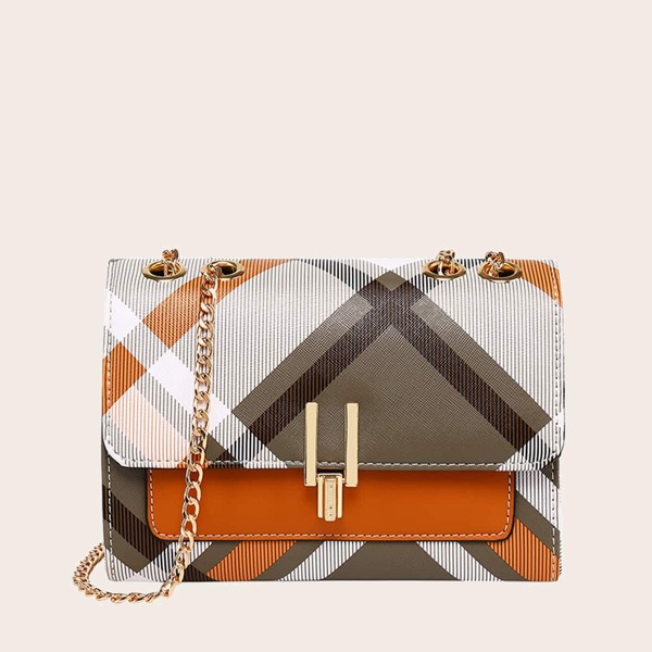 

Metal Lock Plaid Pattern Crossbody Bag, Brown