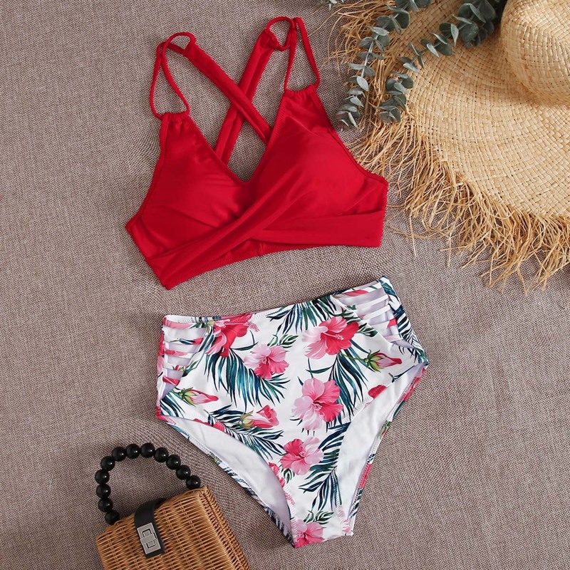 

Floral & Tropical Print Twist Bikini Swimsuit, Multicolor