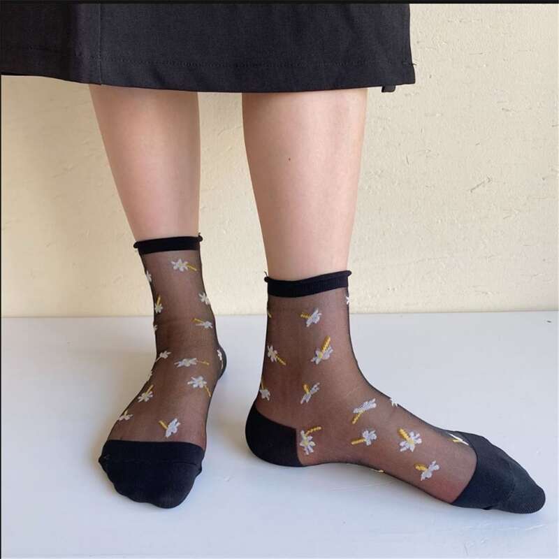 

Flower Pattern Mesh Socks, Black