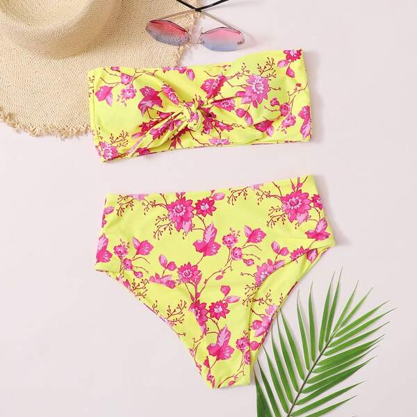 

Floral Knot Front Bandeau Bikini Swimsuit, Yellow