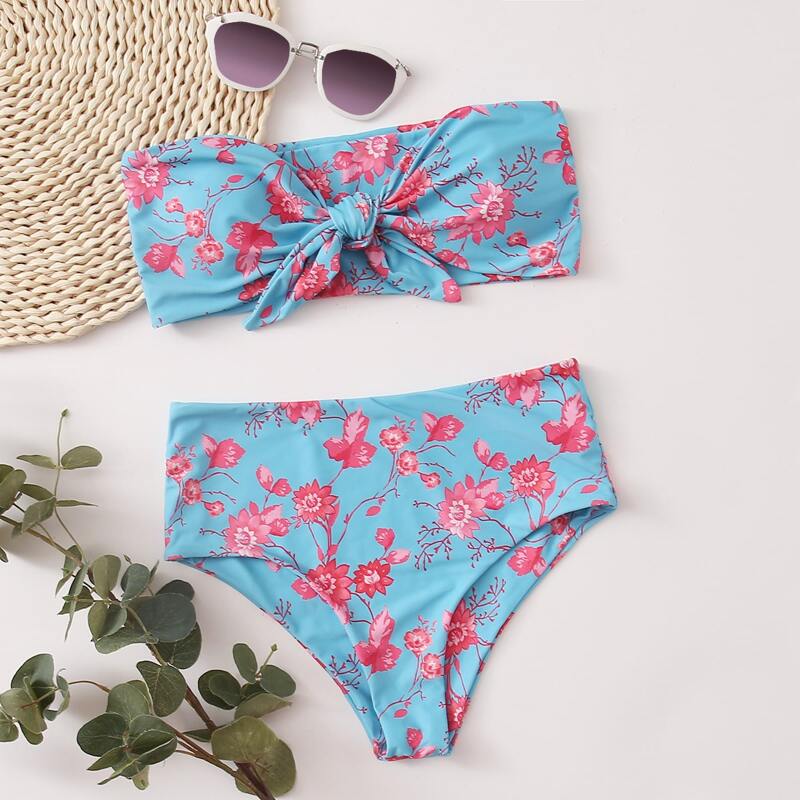 

Floral Knot Front Bandeau Bikini Swimsuit, Blue