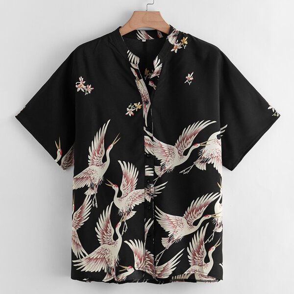 

Plus Notched Crane Print Button Up Blouse, Multicolor