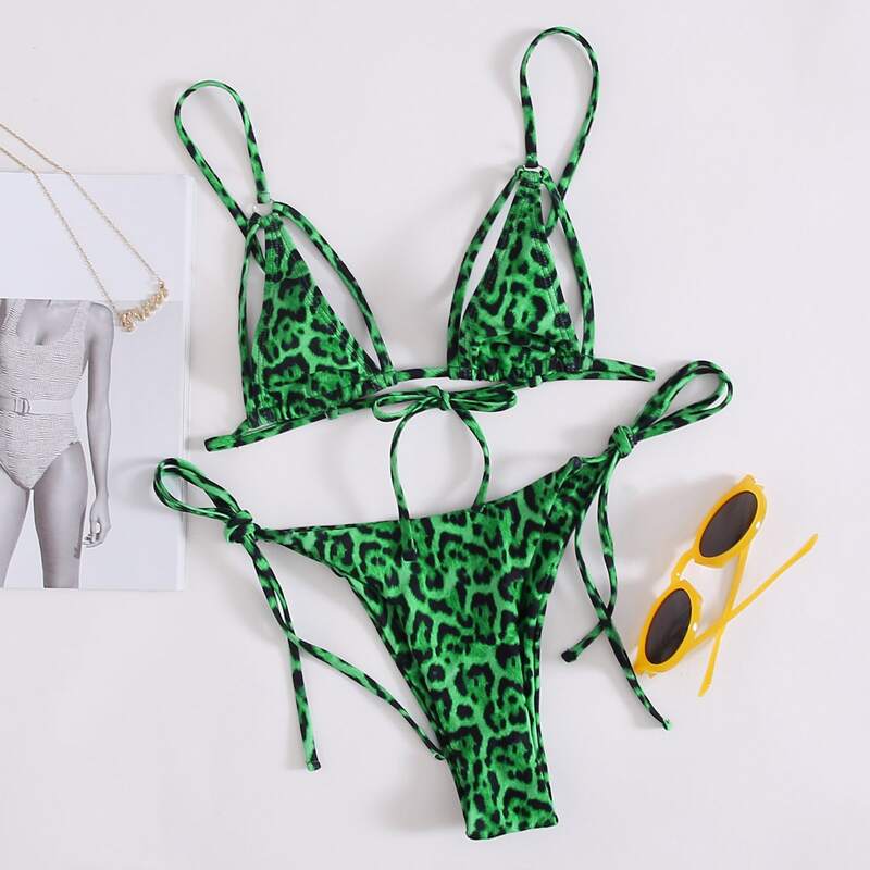 

Leopard Triangle Tie Side Bikini Swimsuit, Green