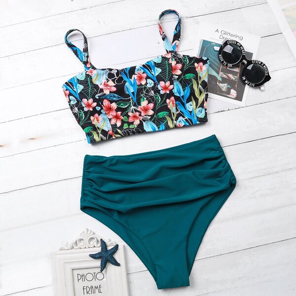 

Floral Ruched High Waisted Bikini Swimsuit, Multicolor