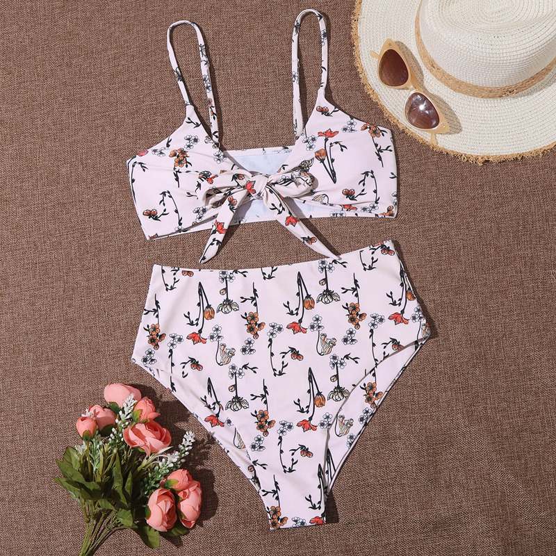 

Floral Knot Front High Waisted Bikini Swimsuit, White