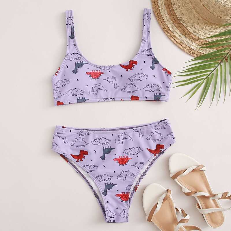 

Cartoon Dinosaur Bikini Swimsuit, Lilac purple
