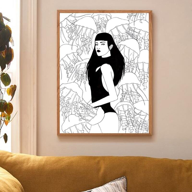 

Girl & Jellyfish Print Wall Print Without Frame, Black and white