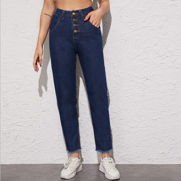 

Button Fly Raw Hem Mom Jeans, Dark wash