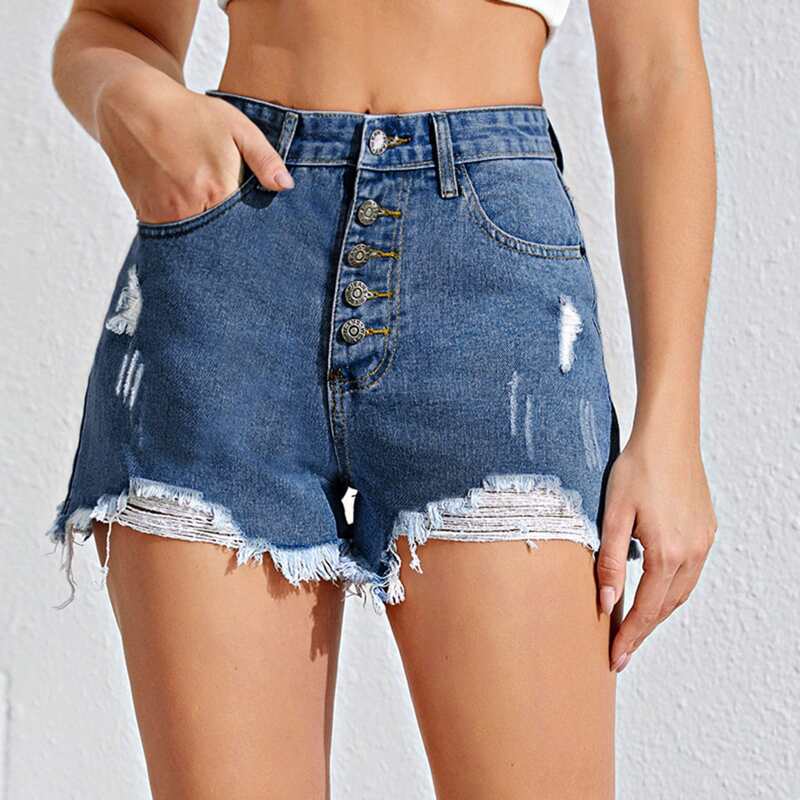 

Ripped Raw Hem Button Fly Denim Shorts, Medium wash