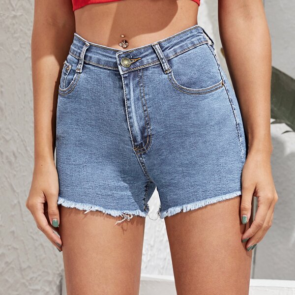 

Solid Raw Hem Denim Shorts, Light wash