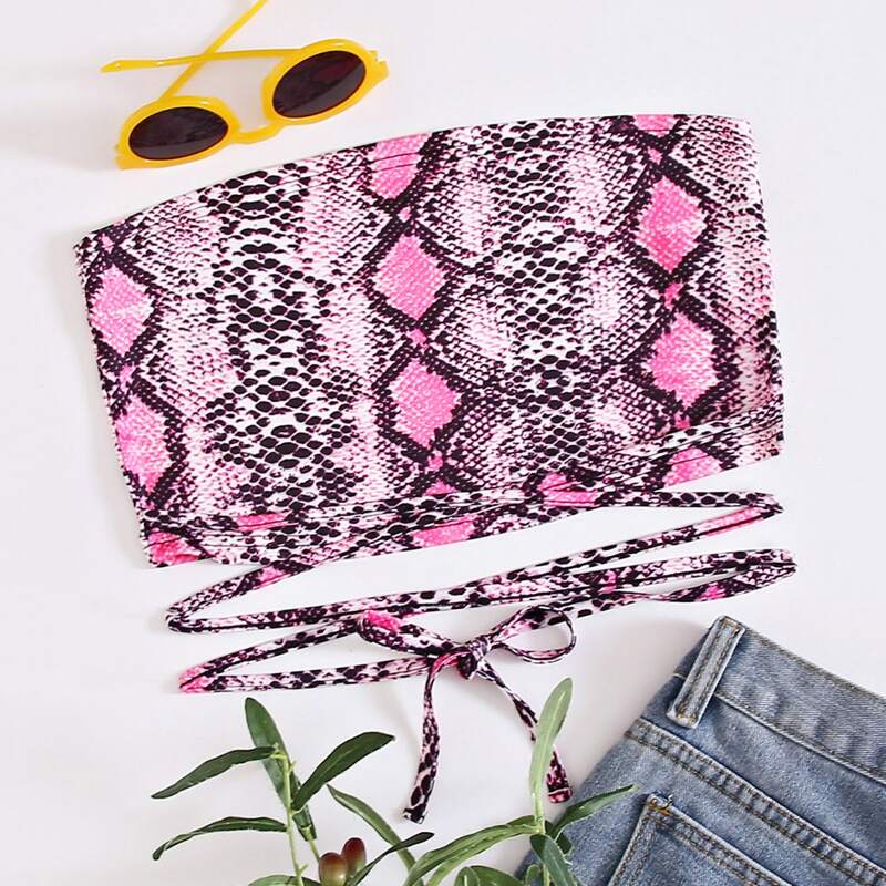 

Snakeskin Print Lace-up Tube Top, Multicolor