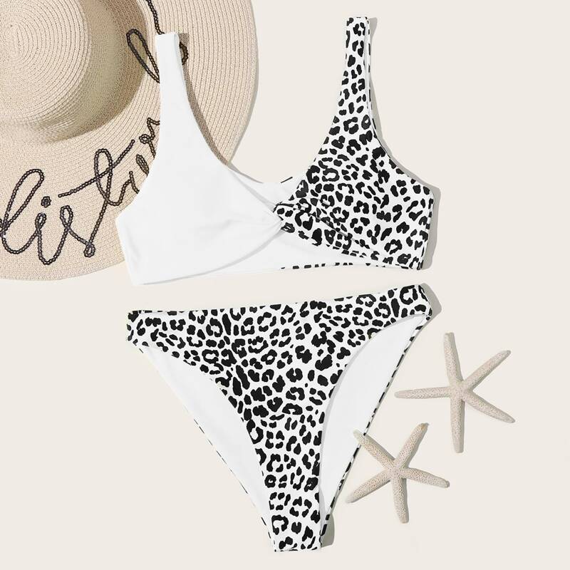 

Contrast Leopard Twist Bikini Swimsuit, Black and white