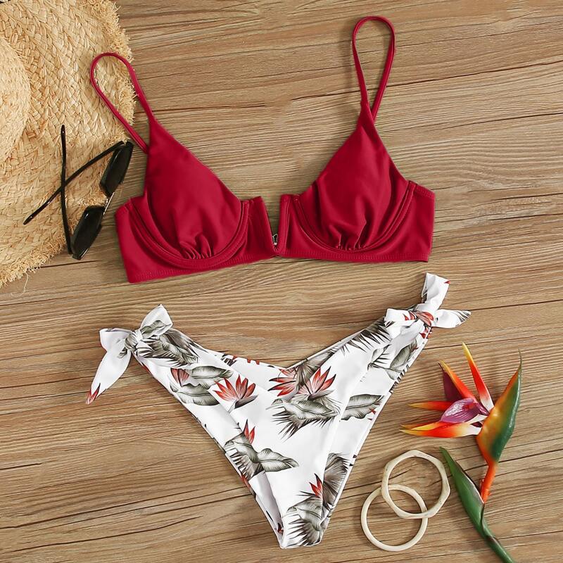 

Plant Print V Wired Underwire Bikini Swimsuit, Multicolor
