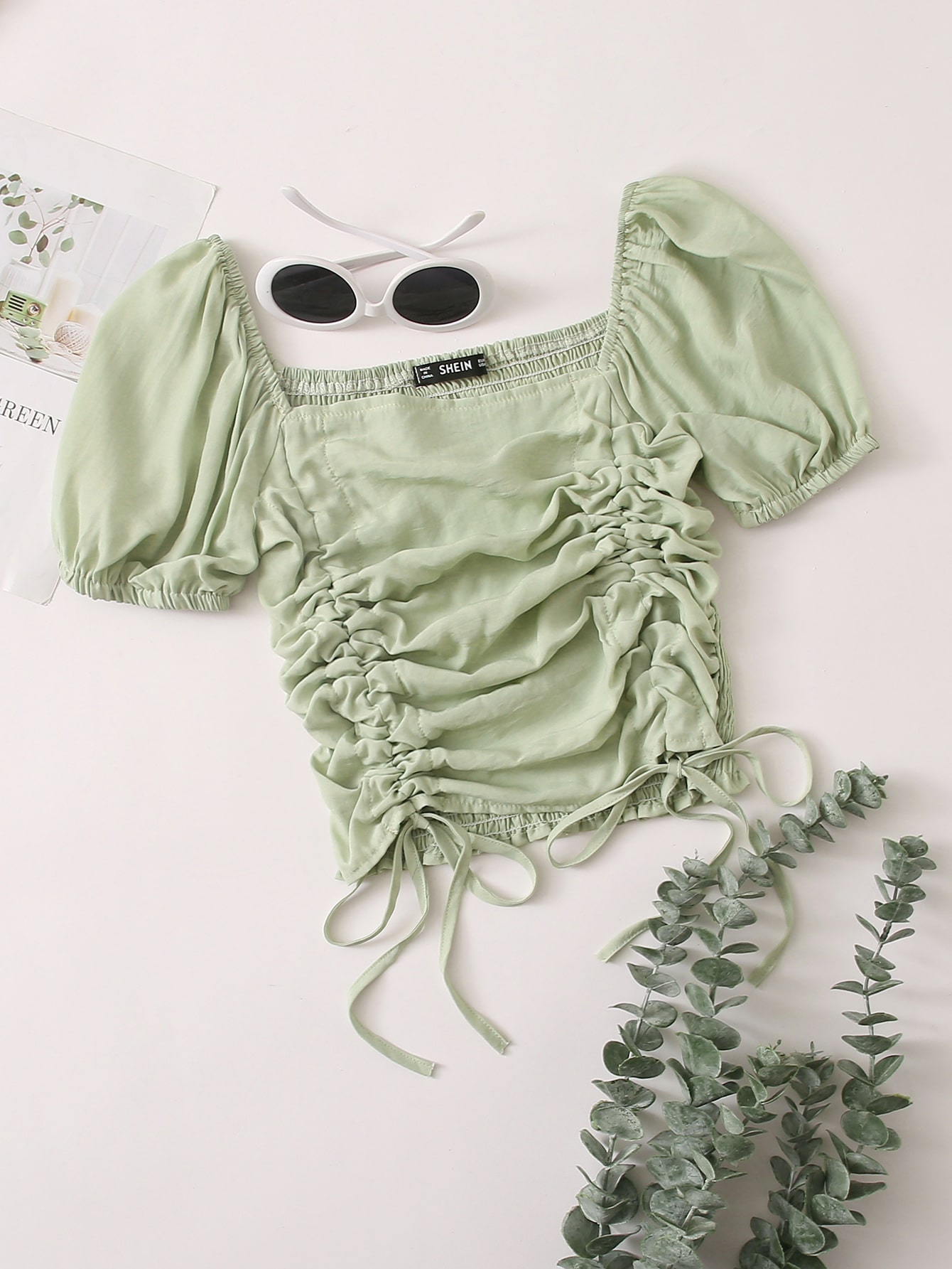 Ruched Drawstring Knot Shirred Crop Top thumbnail