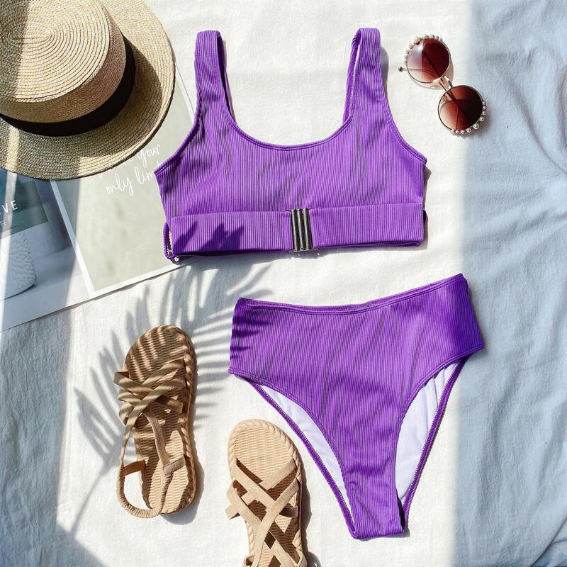 

Rib Belted High Waisted Bikini Swimsuit, Violet purple
