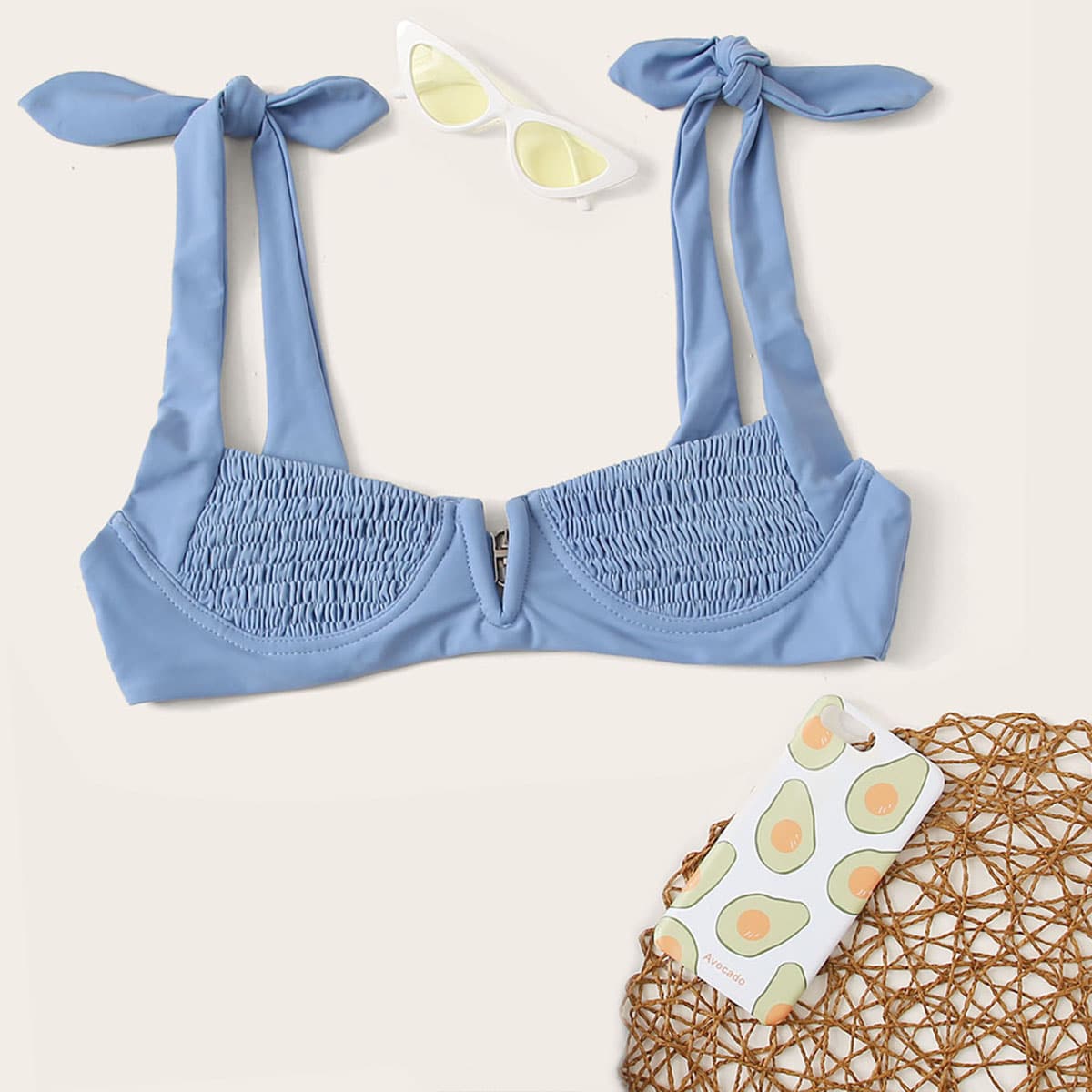 

Smocked V Wired Tie Shoulder Bikini Top, Dusty blue