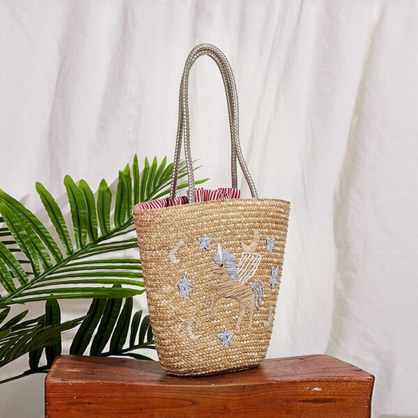 

Cartoon Graphic Braided Tote Bag, Khaki