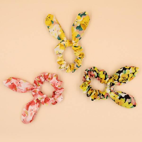 

3pcs Rabbit Ear Shaped Scrunchie, Multicolor