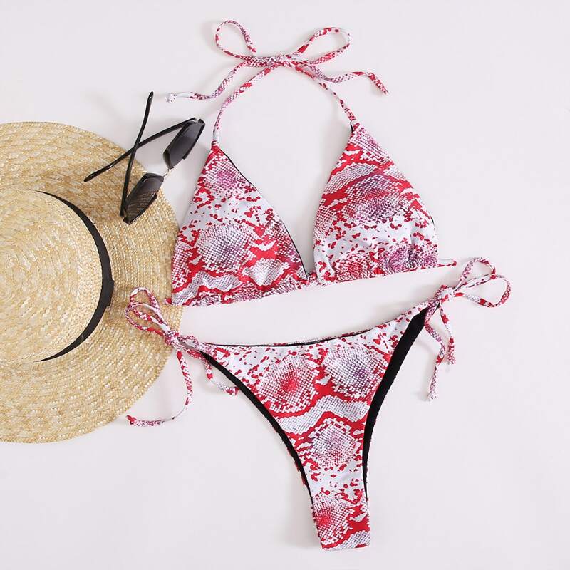 

Snakeskin Triangle Tie Side Bikini Swimsuit, Red