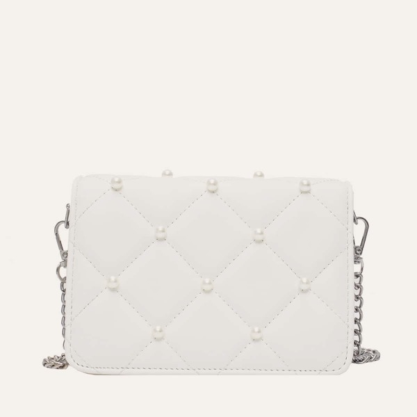 

Faux Pearl Decor Quilted Crossbody Bag, White