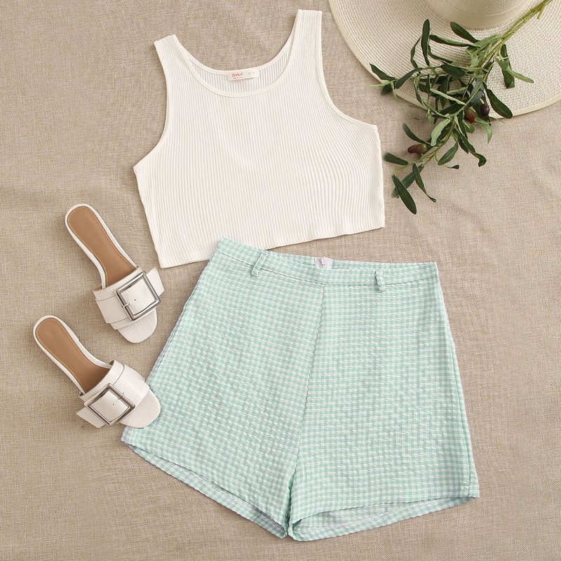 

White Tank & Gingham Shorts, Multicolor