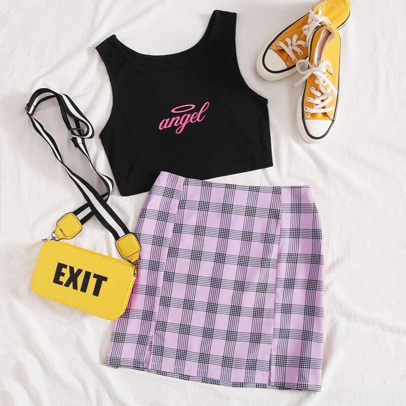 

Letter Graphic Tank & Plaid Skirt, Multicolor