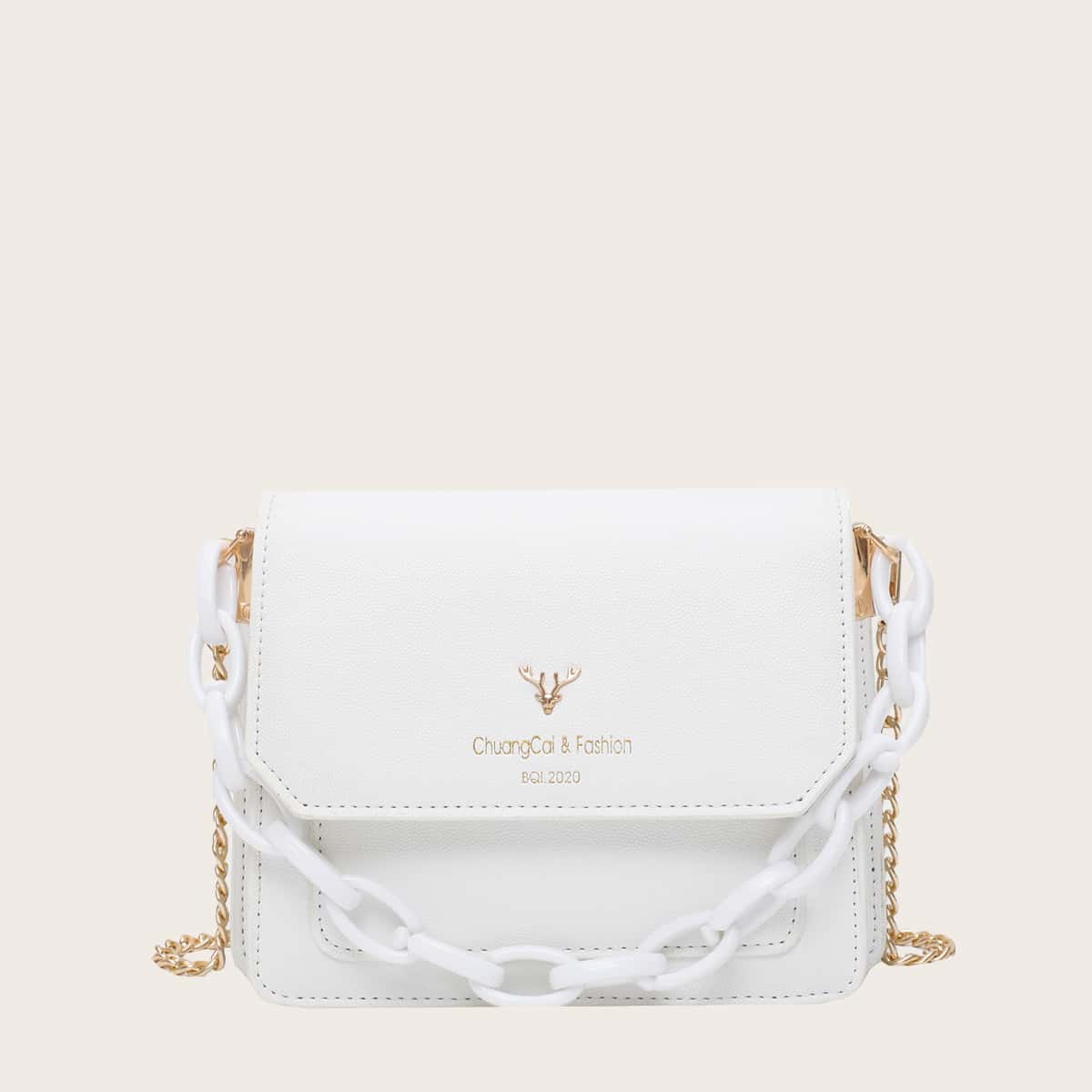 

Metal Deer Decor Flap Crossbody Bag, White