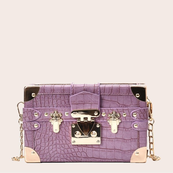 

Croc Embossed Push Lock Box Bag, Purple